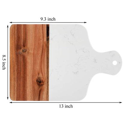 Coloch Marble and Acacia Wood Cutting Board, Charcuterie Chopping Board with Handle, Decorative Serving Board for Cheese, Steak, Bread, Fruit (white)