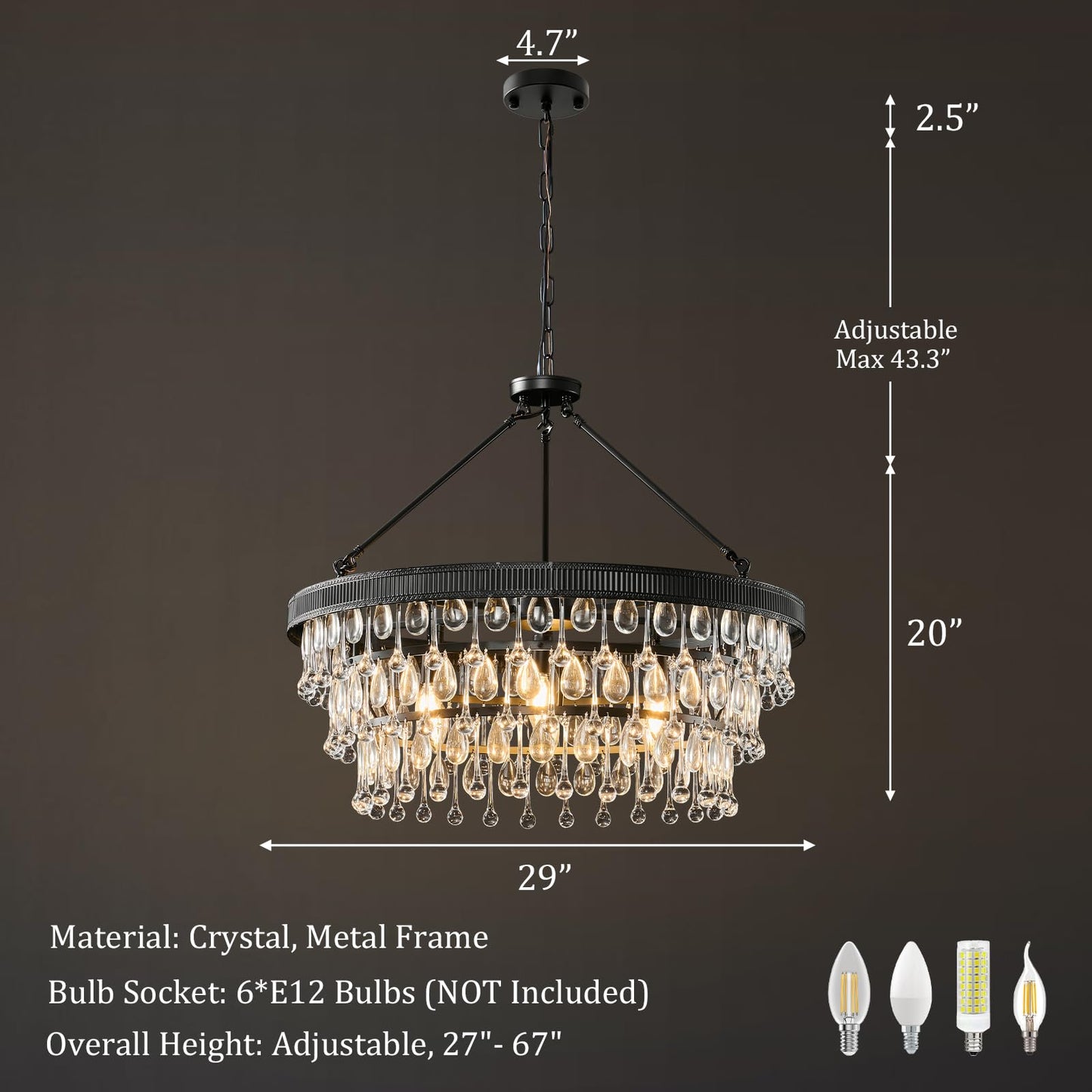 Black Modern Raindrop Crystal Chandelier: 28" Round K9 Crystals Contemporary Chandeliers for Dining Room Lights over Table - Adjustable Large Light Chandelier for Bedroom Living Kitchen Entryway Foyer