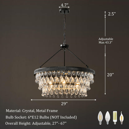 Black Modern Raindrop Crystal Chandelier: 28" Round K9 Crystals Contemporary Chandeliers for Dining Room Lights over Table - Adjustable Large Light Chandelier for Bedroom Living Kitchen Entryway Foyer