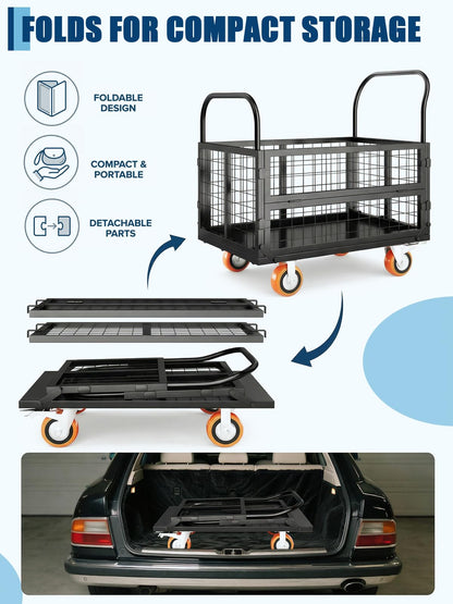 GarveeTech Platform Truck Cart with Cage, 6-in-1 Multi-Purpose Flatbed Cart, Foldable Hand Truck Load 1800 LBS with 4 Wheels Push Cart Dolly for Grocery, Laundry, Garage, Warehouse (Black)