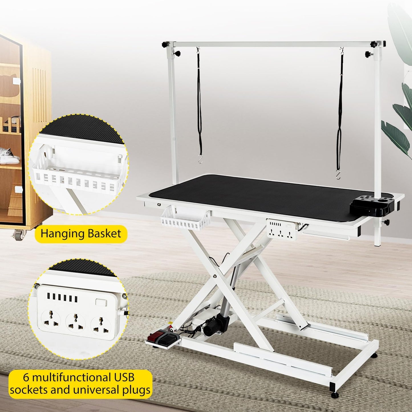 MilleLoom 50" Electric Dog Grooming Table for Home, Heavy Duty Height Adjustable Pet Wash Station with Arm, Portable Non-Slip Tabletop, Tool Organizer & USB Outlet, Supports 300lbs for All Pets