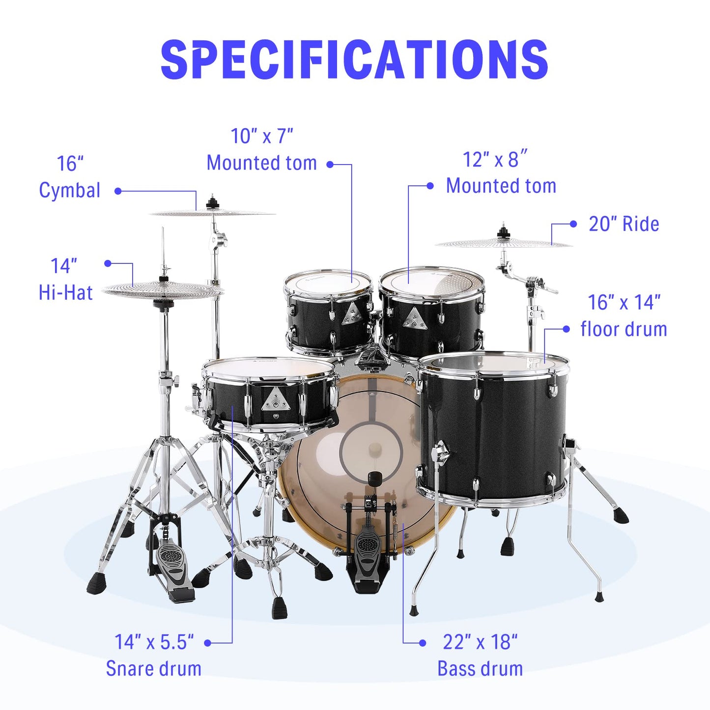 Donner Drum Set Adult with Practice Mute Pad,5-Piece 22 inch Full Size Acoustic Drum Kit, Black- DDS-520