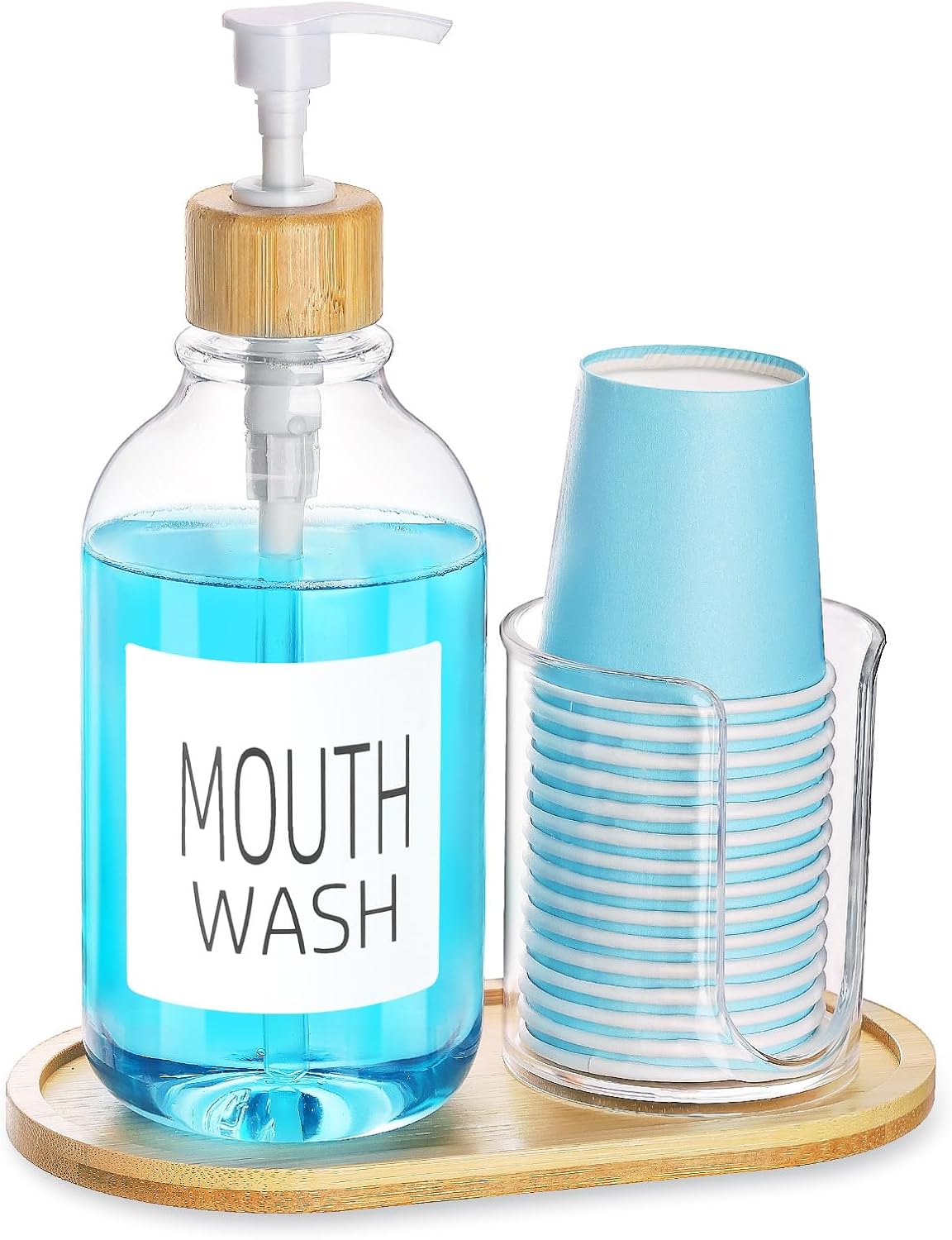 17oz Mouthwash Dispenser with Cup Holder, Plastic Mouth Wash Pump Bottle with Tray for Bathroom Organizers, Refillable