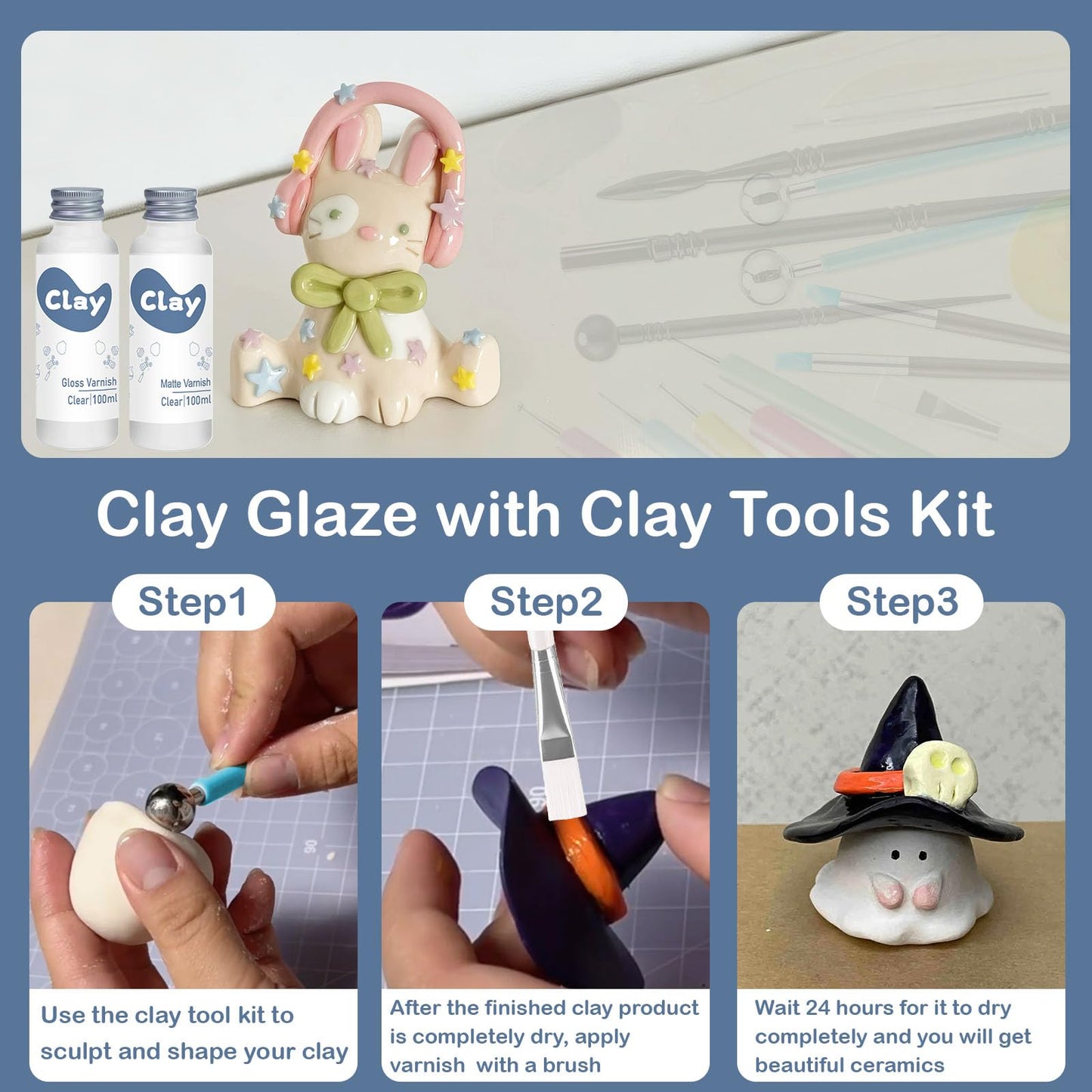 1DFAUL 29PCS Air Dry Clay Glaze with Sculpting Tools Kit, Clay Varnish Sealant for High Luster, Scratch Resistant, Waterproof, Pottery Tool kit for Sculpting, Modeling, Shaping (Gloss)