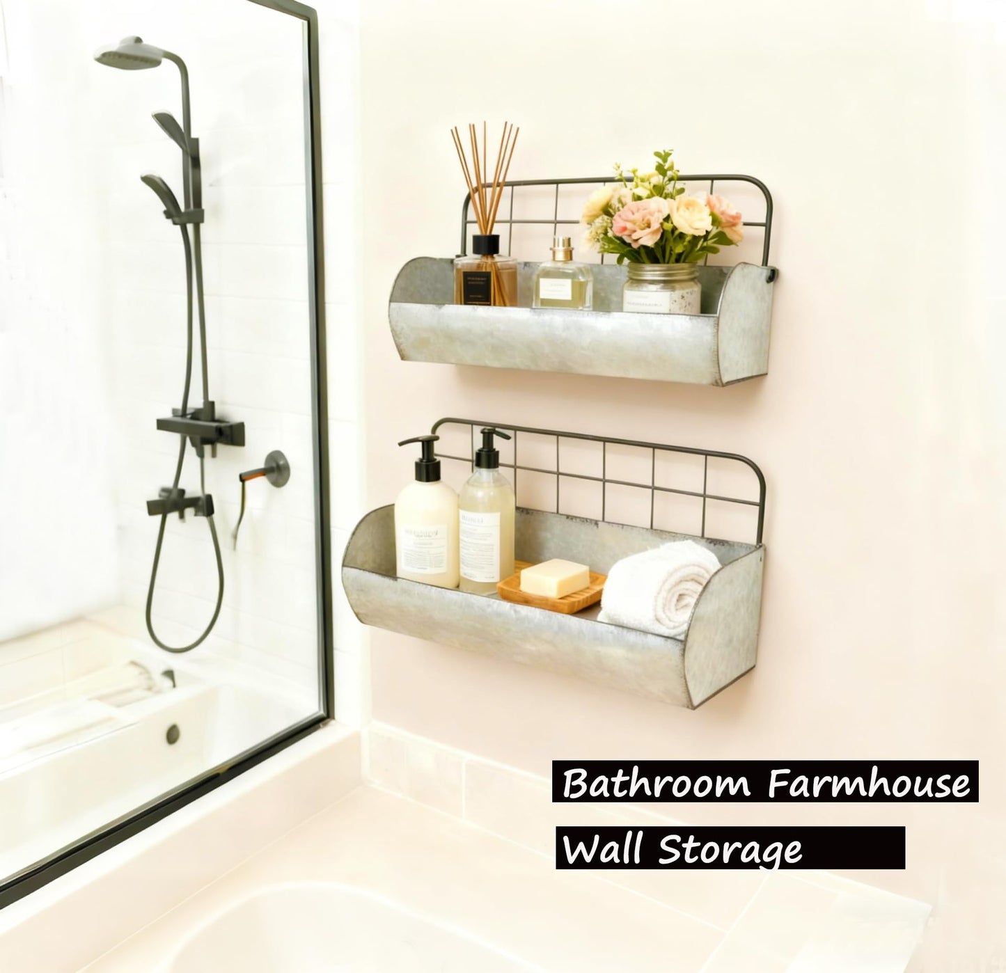 ShabbyDecor Galvanized Metal Farmhouse Wall Storage Holder Rustic Tin Shelves for Kitchen Laundry Room Bathroom Metal Hanging Wire Basket Set of 2