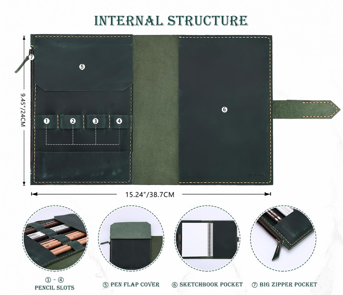 Fasjosma Leather Sketchbook Cover for A5/5.5"x8.5" sketch pads - Handmade Genuine Leather Artist Case with Pencil Holder & Zipper Pocket, Professional Drawing Supplies(Green, 5.5"x8.5")