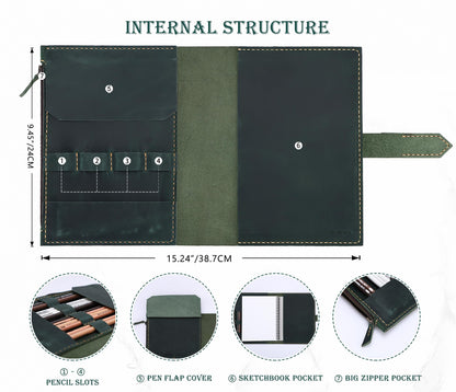 Fasjosma Leather Sketchbook Cover for A5/5.5"x8.5" sketch pads - Handmade Genuine Leather Artist Case with Pencil Holder & Zipper Pocket, Professional Drawing Supplies(Green, 5.5"x8.5")