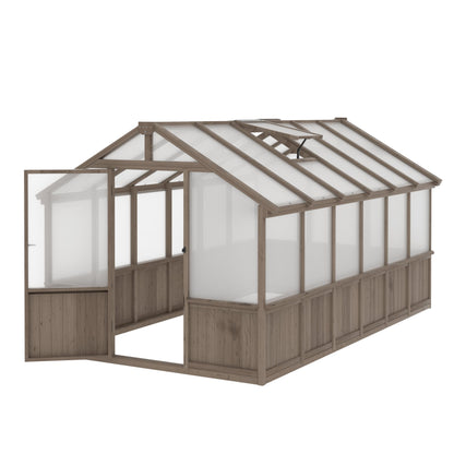 Yardenaler 8x12 FT Greenhouse Kit with 6MM Thick Polycarbonate Panel for Outdoor, Wooden Walk-in Green House with Adjustable Roof Vent and Lockable Door, Backyard, Garden, Light Mocha Brown