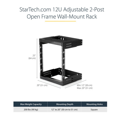 StarTech.com 2-Post 12U Heavy-Duty Wall Mount Network Rack, 19" Open Frame Server Rack with Adjustable Depth, Wall Mount Data Rack for IT / AV / Patch Panel / Computer Equipment (RK12WALLOA)