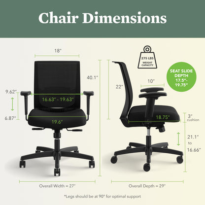 HON Convergence Ergonomic Office Chair with Mesh Back, Vinyl Seat Cushion, Adjustable Arms, Lumbar Support, Synchro‑Tilt Swivel Desk Chair with Wheels for Home Office, Black Frame, Black