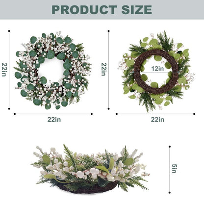 WSTPUPU Artificial Winter Wreath 22inch Christmas Wreaths for Front Door White Berry Wreath with Eucalyptus Leaves Pine Needles White Berries for Xmas Wall Farmhouse Window Winter Holidays