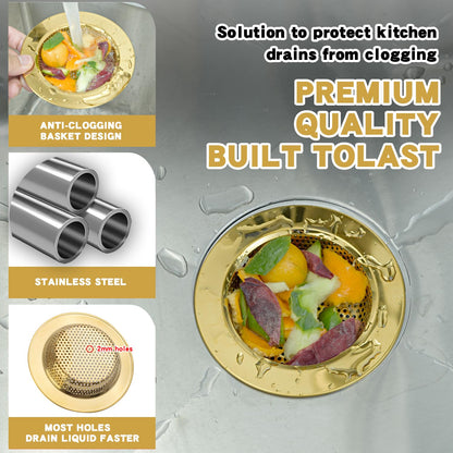 RQYEKDO 3-Pack Kitchen Sink Drain Strainer Stopper Set, Universal Anti-Clogging Stainless Steel Garbage Disposal Plug with Handle, Perforated Basket Filter Sieve for Standard 3.5" Drains (Gold)