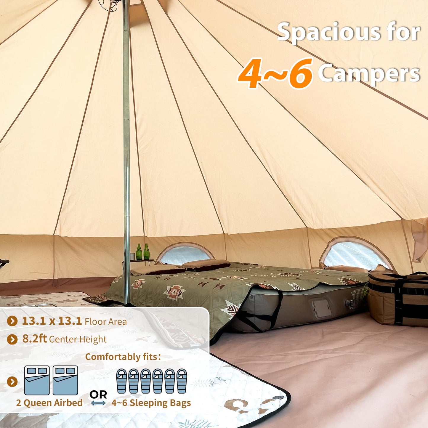 Canvas Bell Tent for Camping, 4-Season Yurt Tent with Stove Jack, All Year Living Glamping Tent for 4–6 Person, Sturdy Shelter for Family Camping & Backyard (13.1ft/4m)