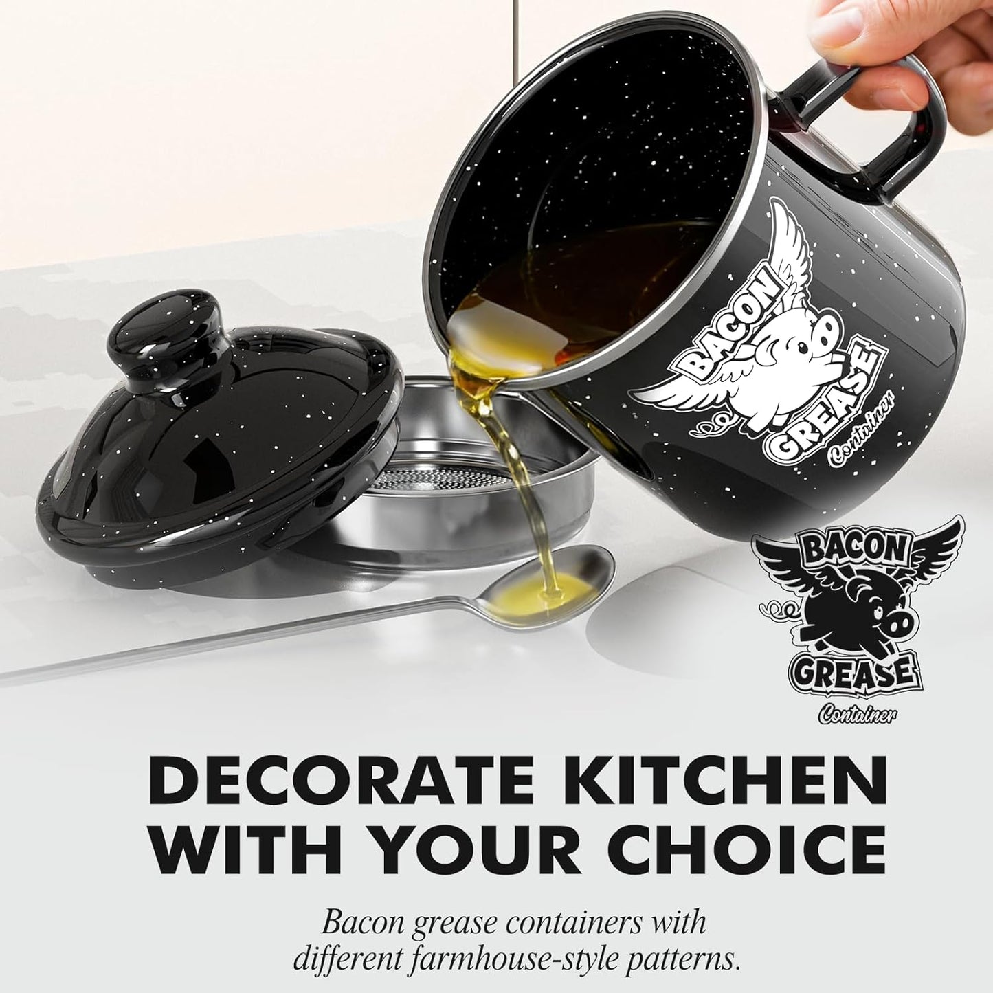 15OZ 15OZ) PGYARD Mini Bacon Grease Container With Strainer - Farmhouse Enamel Grease Saver (Black