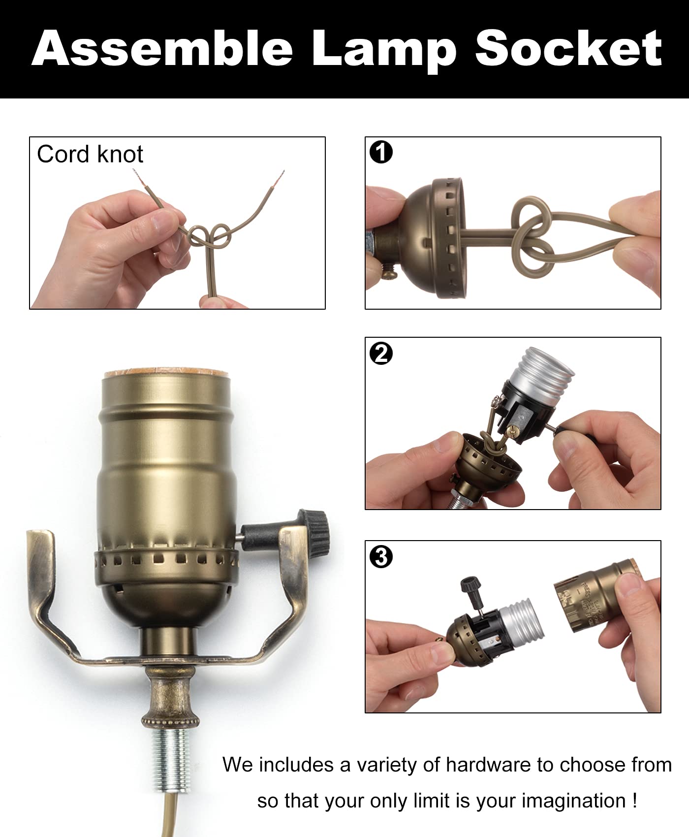 Lamp Making Kit, Lamp Parts for Repair Replacement or Rewire Table and Floor Lamps, 3 Way Socket 12 Foot Matching Cord and Essential Hardware, DIY Lamp Kits for Do It Yourself (Antique Brass)