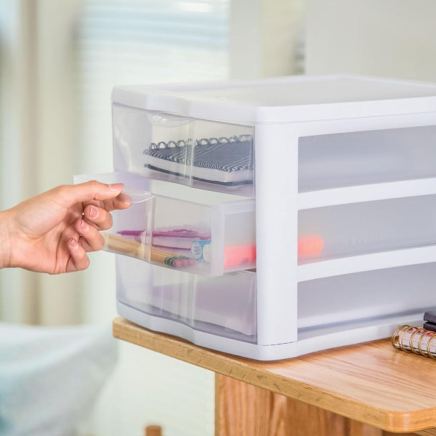 Sterilite 3 Drawer Desktop Storage Unit, White with Clear Drawers, Tabletop Organizer, 4-Pack