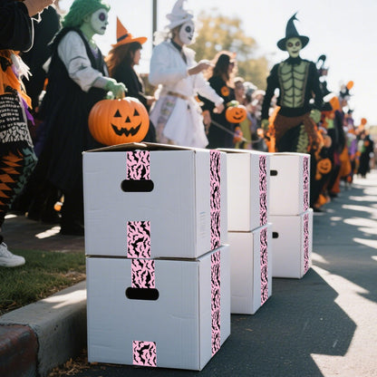 Whaline 109 Yard Halloween Packing Tape Pink Black Bat Decorative Gift Wrapping Tape for Small Business DIY Crafts Box Carton Decor