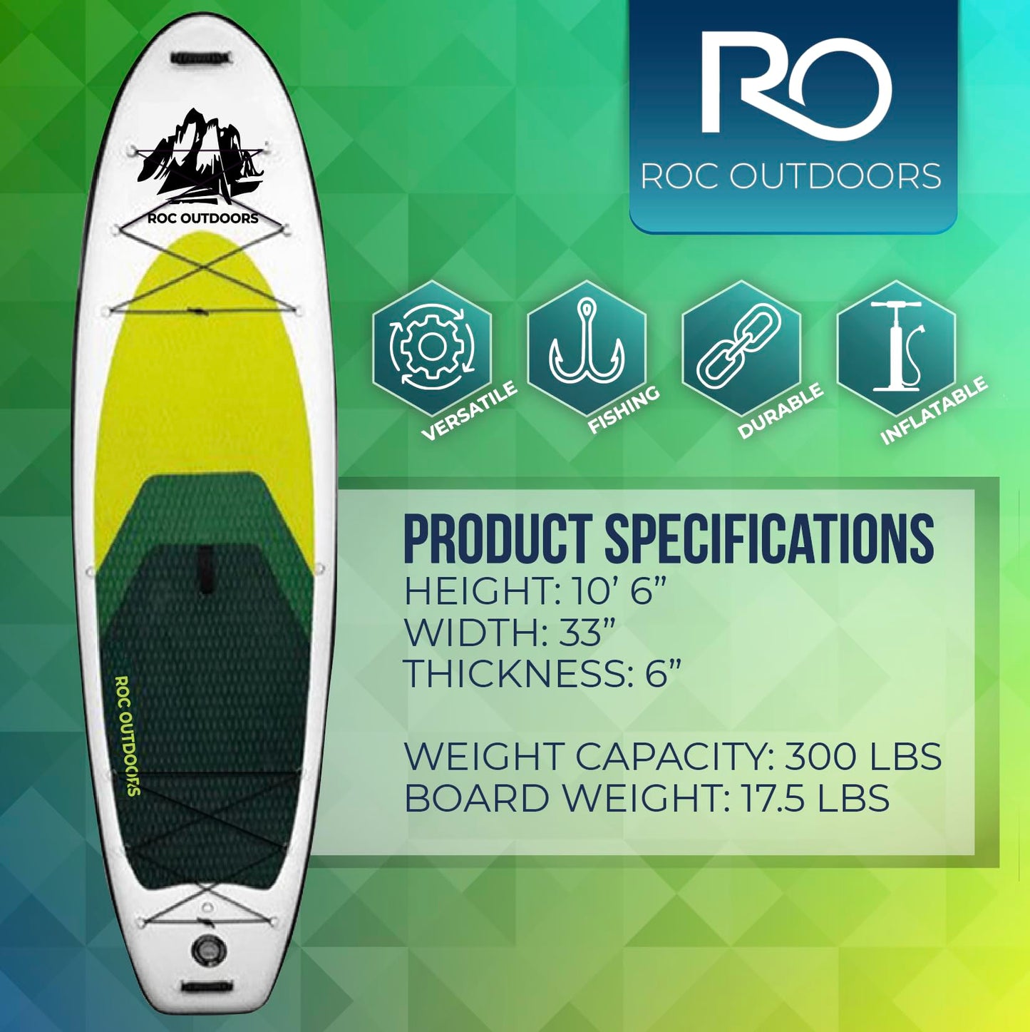 Roc Inflatable Stand Up Paddle Board 10' 6" with Premium SUP Paddle Board Accessories, Wide Stable Design, Non-Slip Comfort Deck for Youth & Adults (Lime W/Kayak Seat)