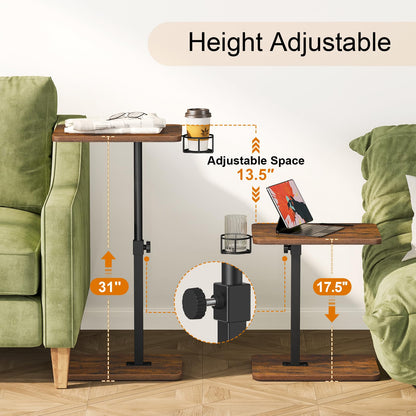 Giikin TV Tray Table, 360° Swivel Height Adjustable TV Trays for Eating on Couch,Sofa Armrest Side Table for Small Spaces Sofa Bed Dinner, Rustic Brown