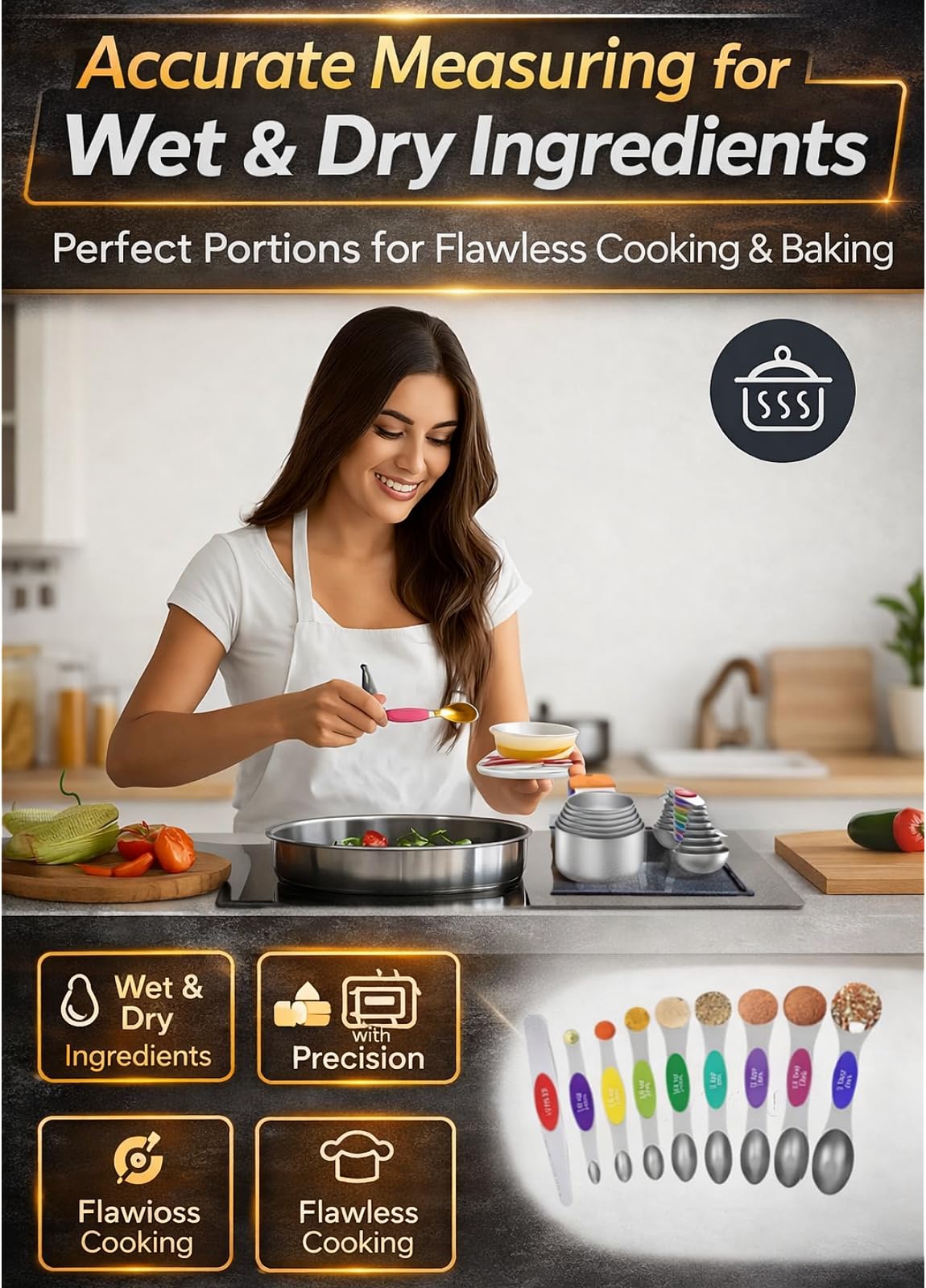 HOWGOODY Magnetic Measuring Cups and Spoons Set304 Stainless Steel Dual Scale Set of 15, Strong N52 Magnetic Nesting Design with Leveler, for Dry&Liquid Ingredients, Dishwasher Safe(Colorful)