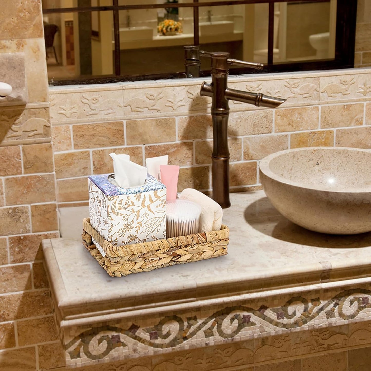 Sumnacon 9.8 Inch Bathroom Tray for Counter, Wicker Toilet Tank Organizer, Decorative Tray for Bathroom, Kitchen,