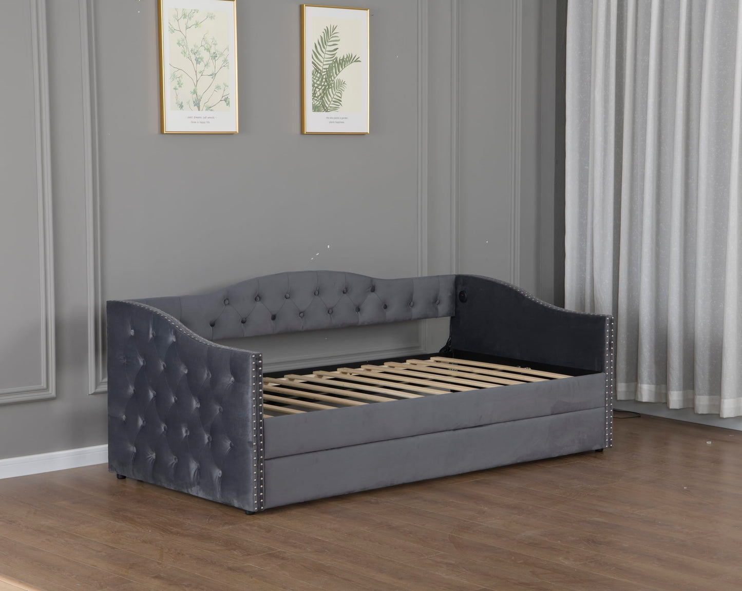 GDFStudio Twin Size Bed Frame with Trundle, Upholstered Twin Daybed with USB Charging Station, Diamond Tufted Velvet Sofa Bed, Wood Platform Twin Bed Frame with Solid Slat, No Box Spring Needed, Gray