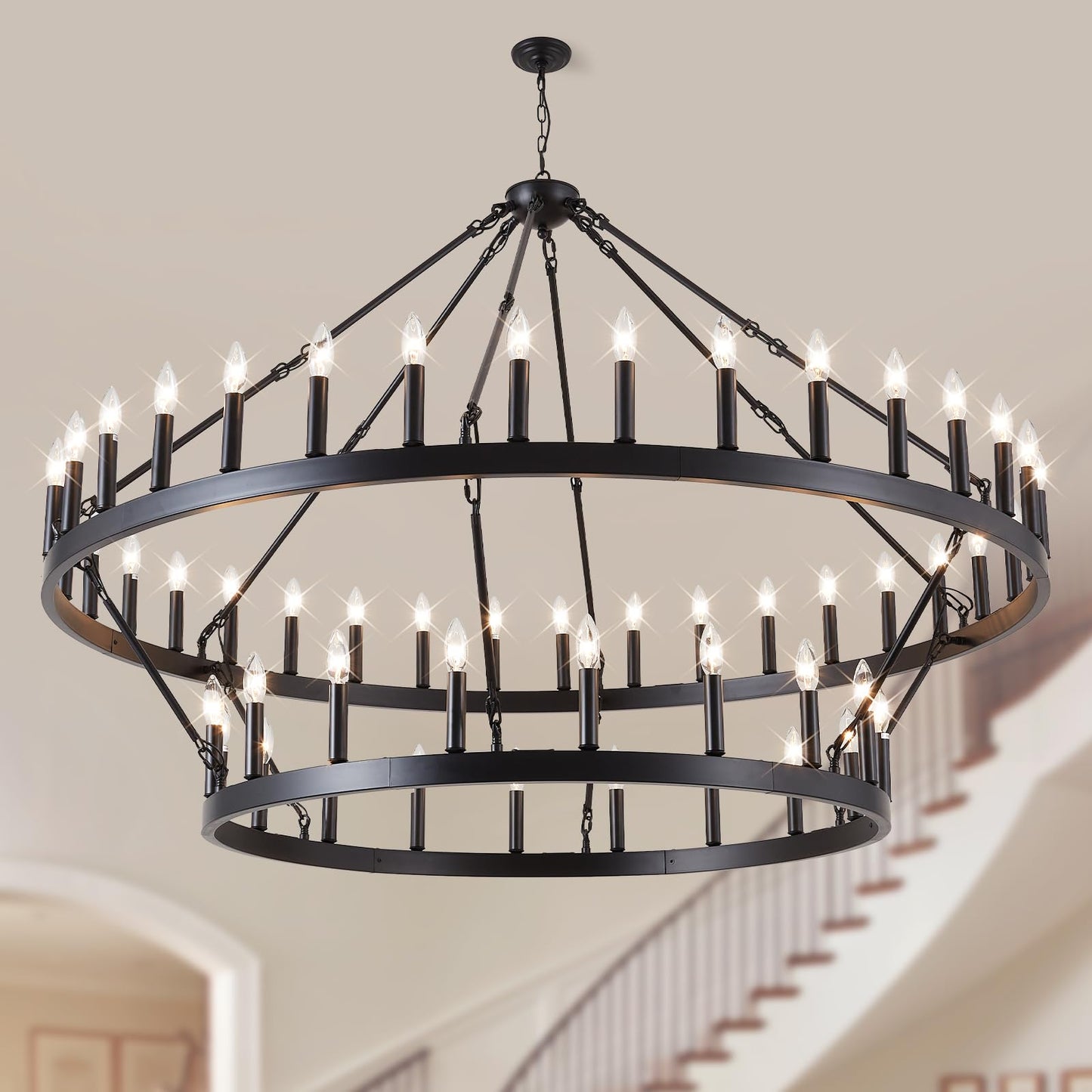 VBKK 60-Inch Black Extra Large Wagon Wheel Chandelier, 2 Tier 54-Light Farmhouse Chandeliers Industrial Round High Ceiling Pendant Light for Dining Room, Living Room, Entryway, E12