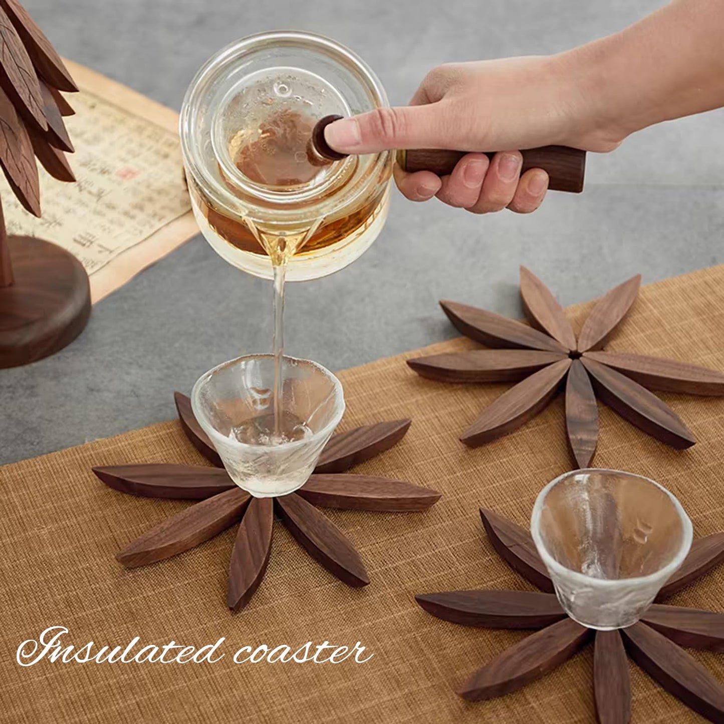 Wooden Placemats - Tree Washer Set, Wooden Pinwheel Coaster Set with Stand for Easy Storage - for Fondue pots, Pans, Bowls, teapots, Warming Trays - Versatile Decorations (B Walnut 4 pcs)