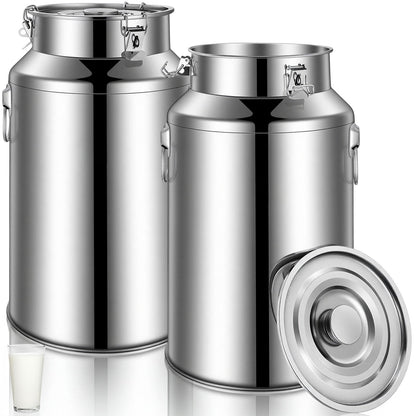 FillTouch 2 Pcs Stainless Steel Milk Can 35L/ 9.25 Gallon Heavy Duty Metal Milk Dispenser Container Pail Water Jug with Locking Sealed Lid Food Wine Oil Storage Container for Home Farm Kitchen