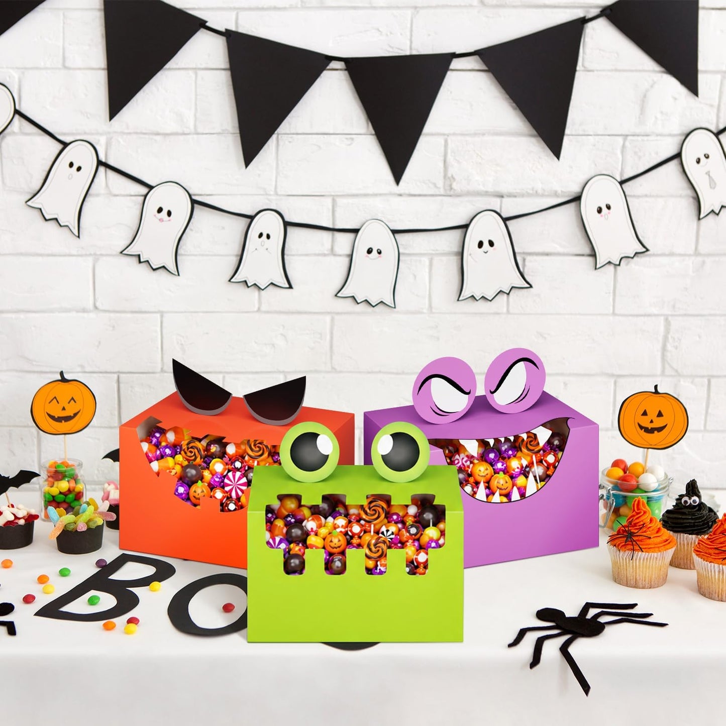 THAWAY 36 Pcs Halloween Treat Boxes with Funny Big Opening Design, Paper Candy Gift Goodie Boxes for Party Favors, Classroom Gift Exchange and Trick or Treating (6 Spooky Designs, 6x4x4 Inches)