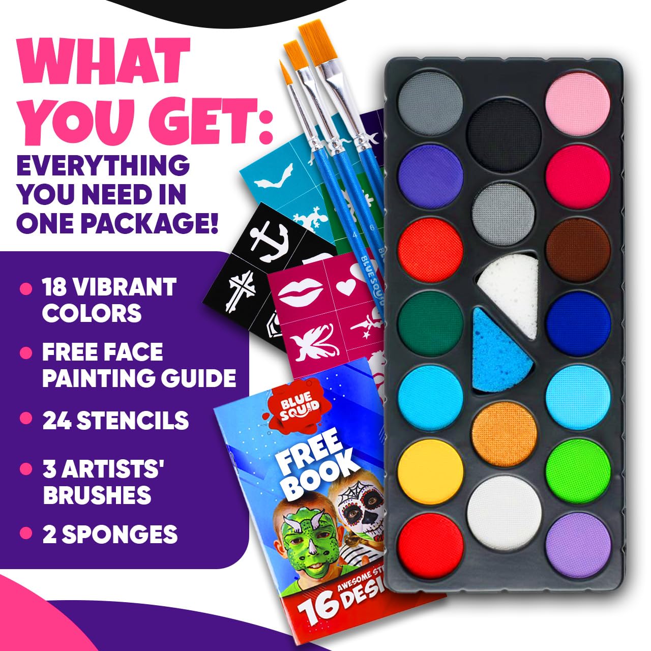 Blue Squid Face Painting Kit for Kids – 18 Colors Kids Face Paint Kit Palette with Stencils & Guided Tutorial, Water Activated Non Toxic Washable Professional Facepaint body set Halloween Party Makeup