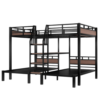 Bellemave Queen Over Twin Over Twin Bunk Beds for 3 Kids,Metal Heavy Duty Triple Bunk Bed Frame with Stairs and Storage Shelf,3 Bed Bunk Beds,Twin Size Triple Bed,Black