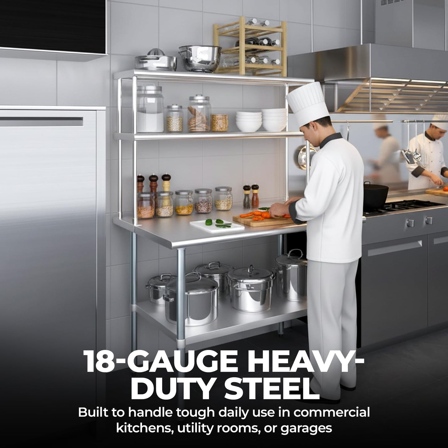 Express KitchQuip Stainless Steel Worktable with Double Overshelf – 48" x 12" | Heavy-Duty Commercial Prep Table Shelving | NSF Certified (48 in. Long x 12 in. Deep)