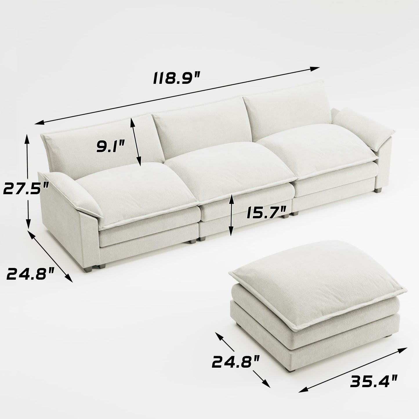 Shahoo Sectional Modular Sofa L Shaped Chenille Fabric Couch with High Supportive & Soft Sponges and Removable Ottoman, Sleeper Comfy Upholstered Furniture for Living Room, Bright Beige