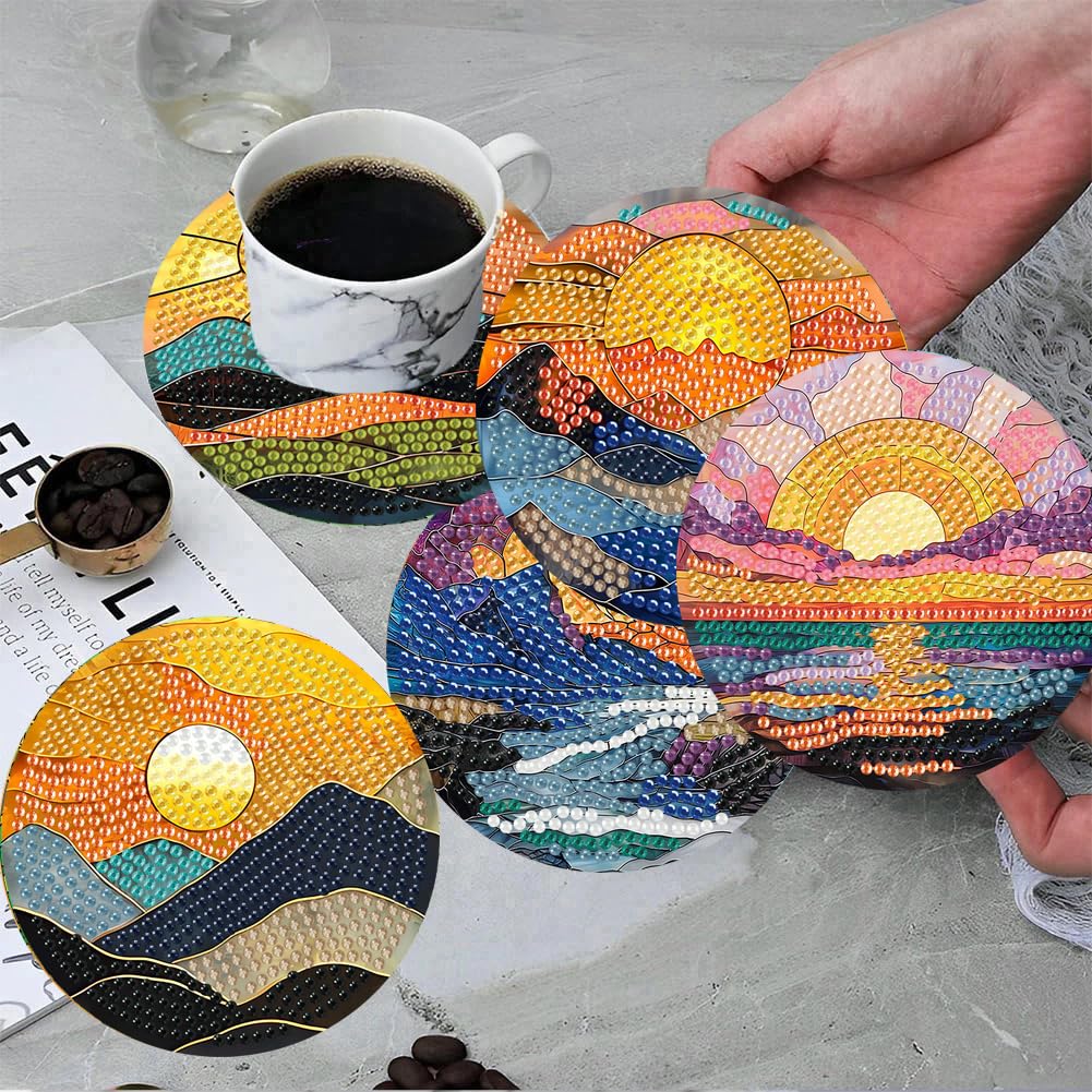 ijbnhd 8 Pcs Sunset Diamond Art Coasters Kits, Sunset Diamond Painting Coasters Kit with Holder, Non Slip Coaster Crafts Kits for Adults Gifts 4x4 inch (Cork Wooden Pad)