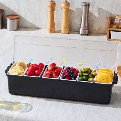 VEVOR Chilled Condiment Server, 6 Compartment Ice Cooled Condiment Serving Container, Chilled Garnish Tray Bar Caddy with Lid, for Bartending & Serving Taco, Salad, Fruit, Home & Restaurant Supplies