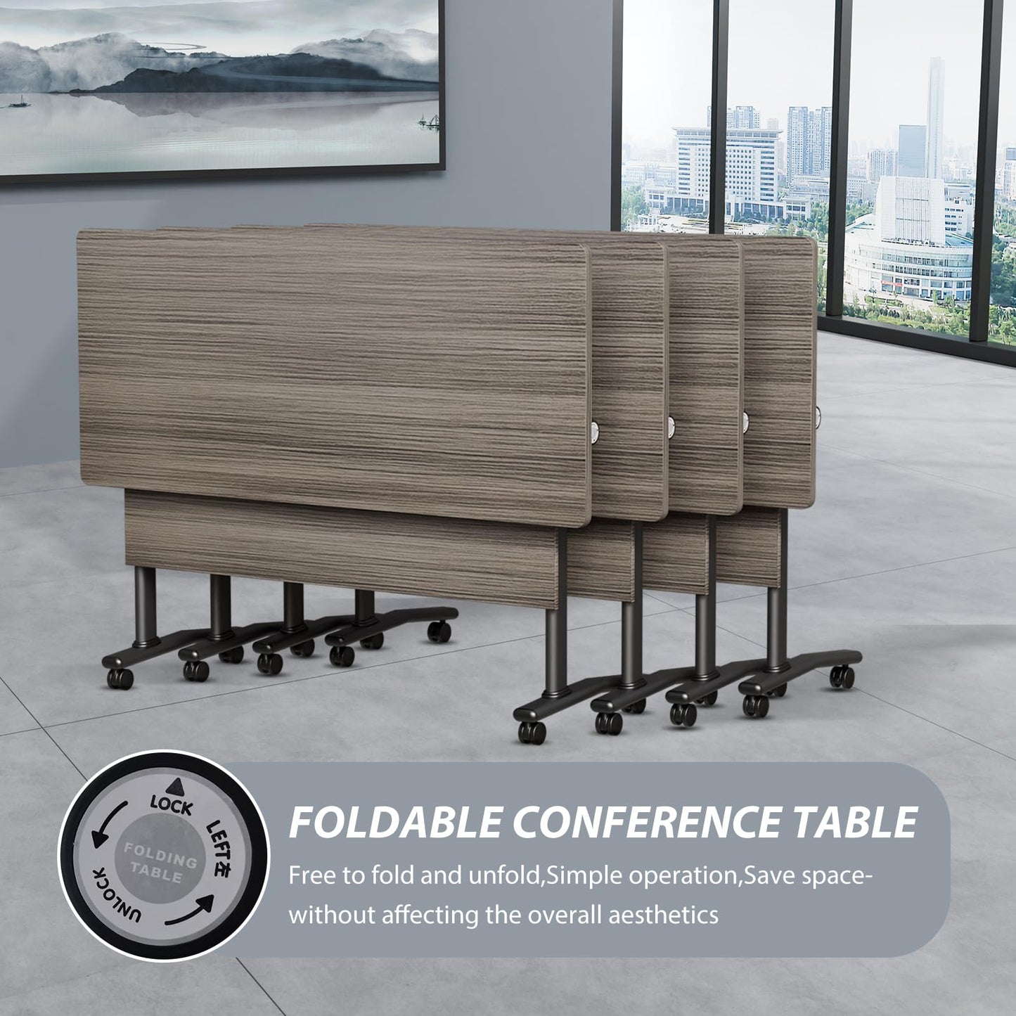 Folding Conference Room Table with Wheels, 6ft Modular Large Mobile Modern Conference Tables Office Meeting Training Table for Classroom(10, Gray, D 55")