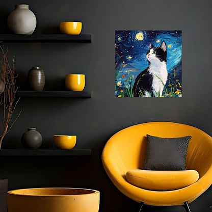 Framed Paint by Numbers Kit for Adults Beginner & Kids Ages 8-12 Cat Adult Paint by Number Kits on Canvas with Easel Starry Night Painting by Numbers for Adults with Frame DIY Painting Kits 8x8 Inch
