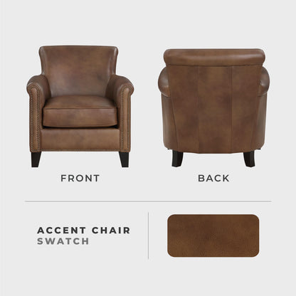 Lexicon 100% Top Grain Genuine Leather Chair, Leather Accent Chairs for Living Room, Solid Wood Frame, Rolled Armrest & Nailhead Trim, Comfy Reading for Bedroom, Office, Waiting Room, Classic Brown