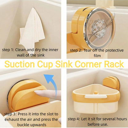 2 Pack Suction Cup Corner Sink Strainer, Press 2026 Upgraded Automatic Dumping Food Waste Catcher for Sink, Triangle Kitchen Sink Strainer Basket, Faucet Sponge Storage Rack (Green + Yellow)
