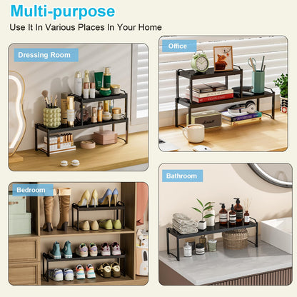 15.5 to 25.5 Inch Expandable Kitchen Cabinet Organizer Shelf, 2 Pack 30 LBS Heavy Duty Adjustable Kitchen Counter Storage Shelves Organizers,Stackable Small Storage Shelf Rack For Cabinet Cupboard