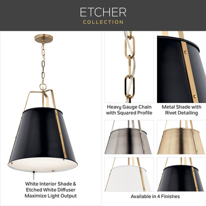 Kichler Etcher 2-Light Pendant Light Fixture, Kitchen Island Hanging Light with Etched Painted White Glass Diffuser in Black and Champagne Bronze (22.5" x 18"), 52711BK