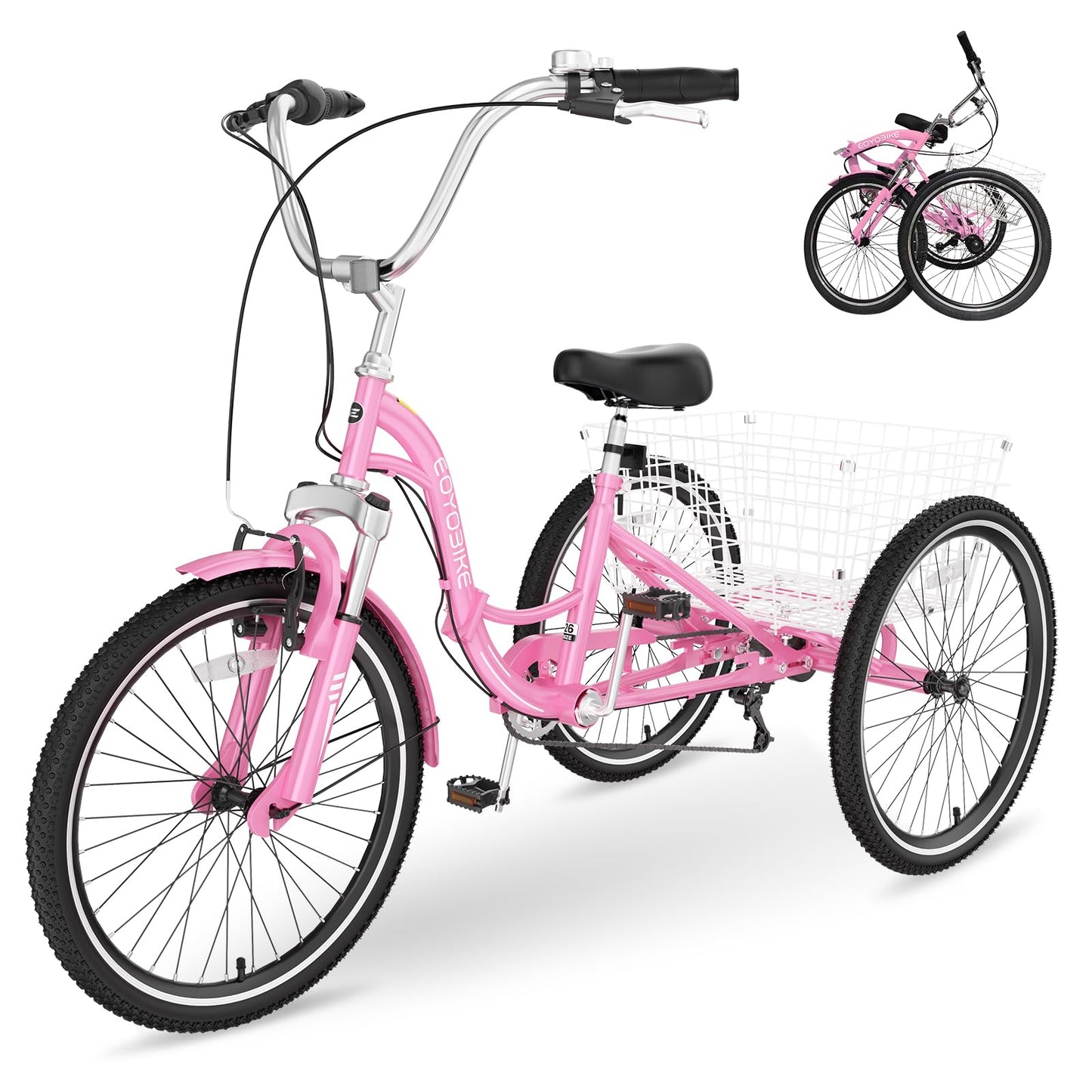 H&ZT Adult Tricycle, 3 Wheeled Bike, Trike Cruiser Bike, with 7-Speed Gear, Parking Brake Handle, Low Step, Large Rear Basket, Elderly Friendly, for Men, Women, and Teens