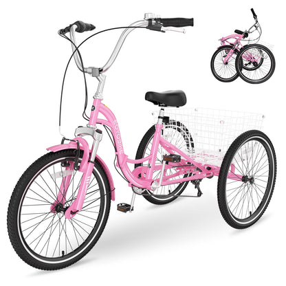 H&ZT Adult Tricycle, 3 Wheeled Bike, Trike Cruiser Bike, with 7-Speed Gear, Parking Brake Handle, Low Step, Large Rear Basket, Elderly Friendly, for Men, Women, and Teens