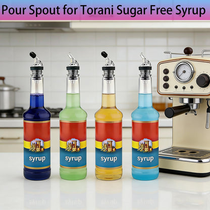 Pour Spout for Torani Sugar-Free Syrup 25.4 Fl Oz Bottle，Pourers for Large small Torani Sugar-Free Syrup。Leak-Proof,4-piece Large small + 8 Black Lid Caps (Black, 4)
