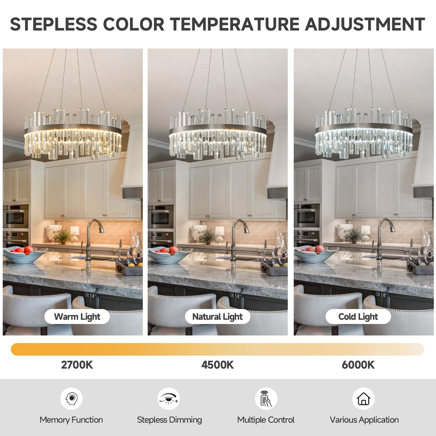 Nickel Led Modern Crystal Chandelier: 23.6" Round K9 Luxury Smoke Grey & Clear Crystal 3 Color Dimmable Contemporary Chandeliers for Dining Room Light over Table - Adjustable Height Light with Remote