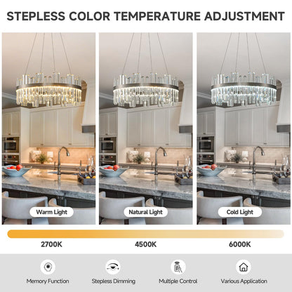 Nickel Led Modern Crystal Chandelier: 23.6" Round K9 Luxury Smoke Grey & Clear Crystal 3 Color Dimmable Contemporary Chandeliers for Dining Room Light over Table - Adjustable Height Light with Remote