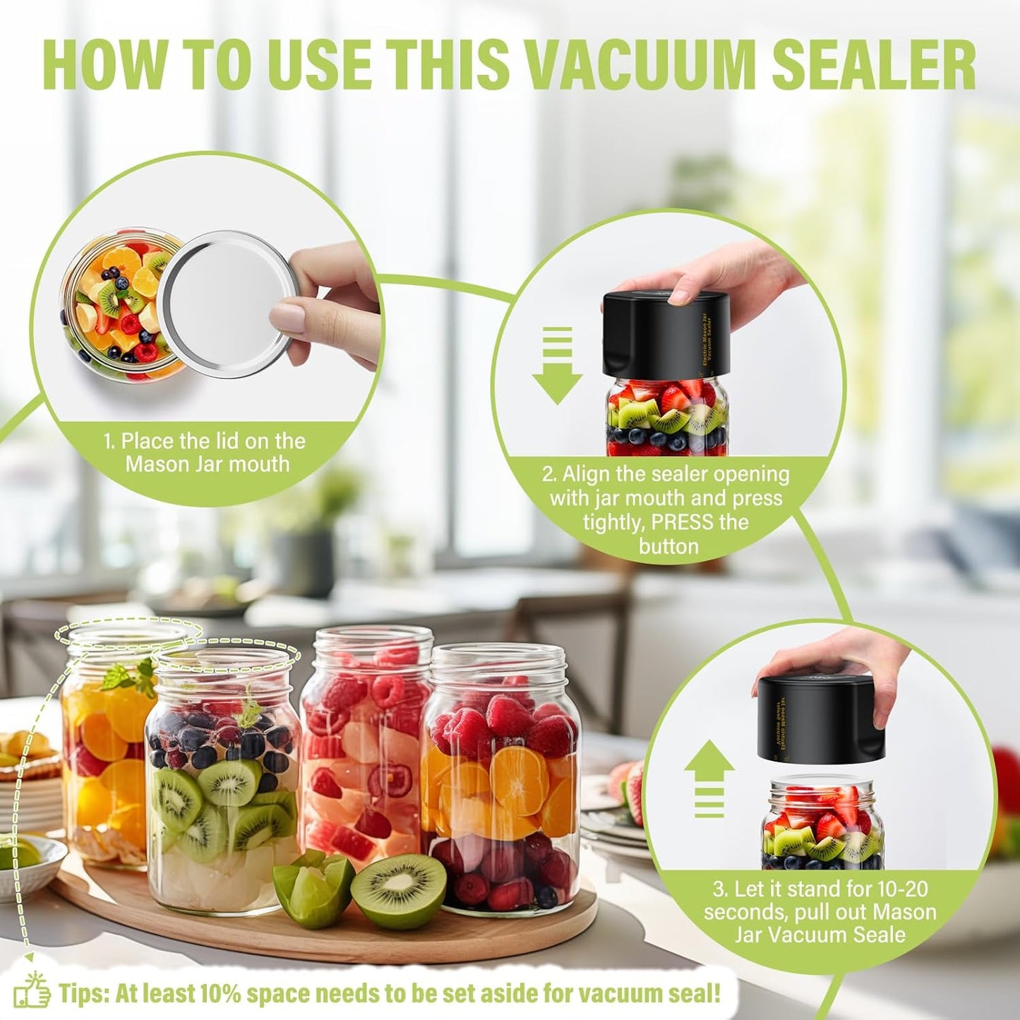 Jelife Electric Vacuum Sealer for Mason Jar - Vacuum Sealing Machine Kit for Canning Jars with 10 Lids, Black