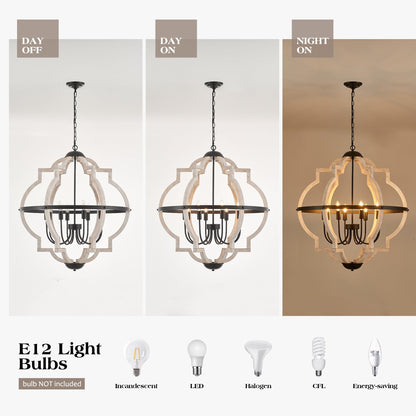 Faibra 8-Light Wood Pendant Light,31.96'' Vintage Rustic White Wood Chandeliers,Retro Industrial Hanging Light Fixtures for Dining Room Entryway, Bedroom