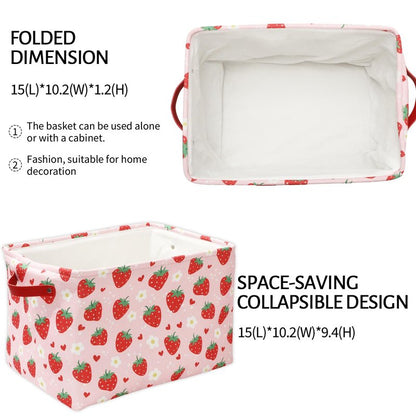 FYSUIMU Strawberry Storage Basket Foldable Strawberry Flower Heart Storage Bin with Handle Red Pink Fabric Basket for Home Office Organizer Decor, 15 x 10.2 x 9.4 Inch